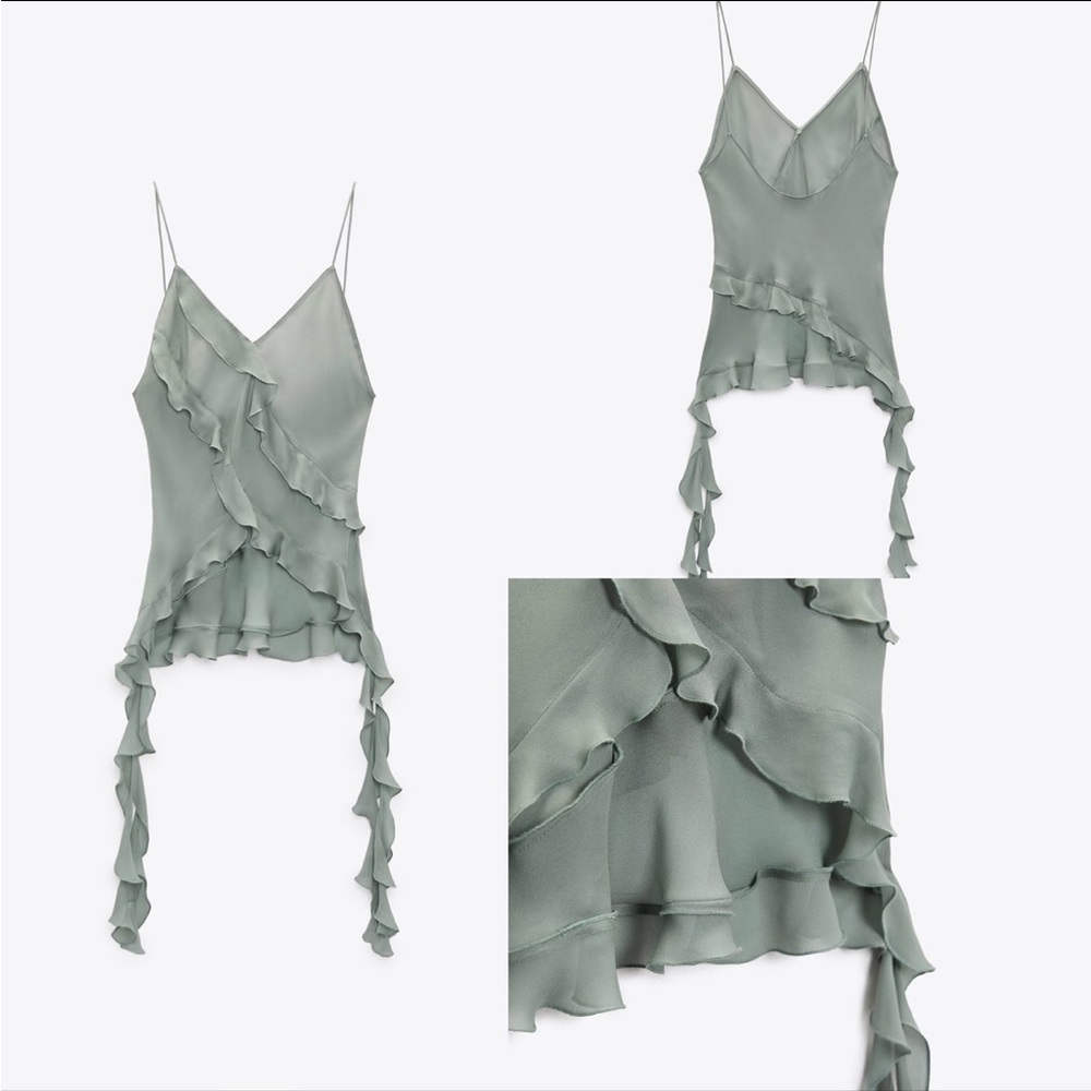 ZARA Emerald Green Semi-Sheer Ruffles Tank Blouse